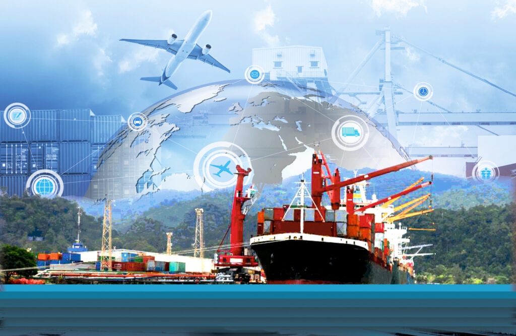 Collage de las actividades de un puerto: buque, avión, contenedores, transporte